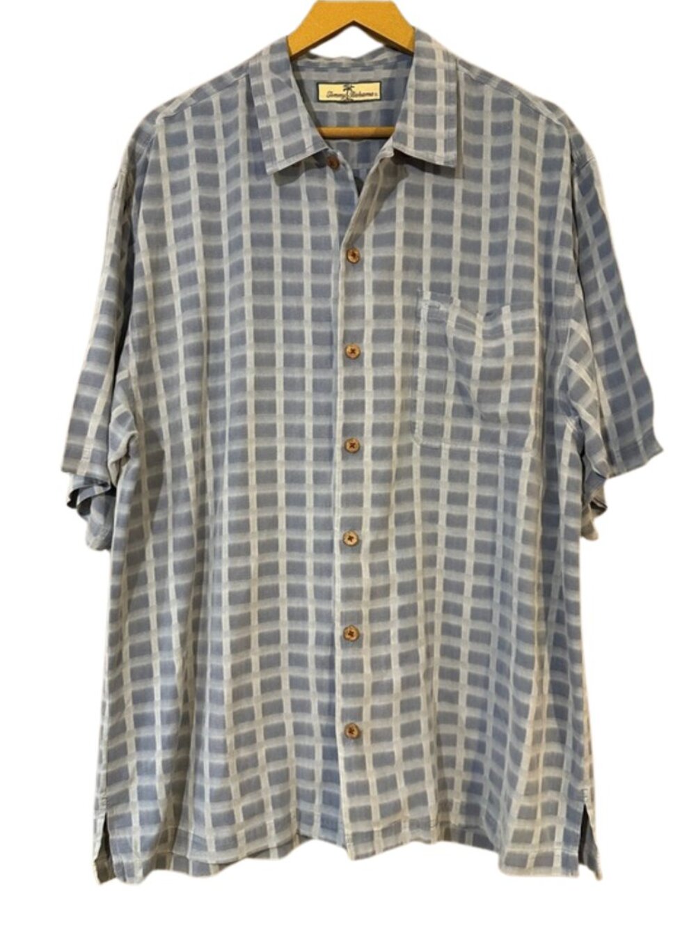 Tommy Bahama Blue Windowpane Button Up Shirt Mens 2XL Short Sleeve